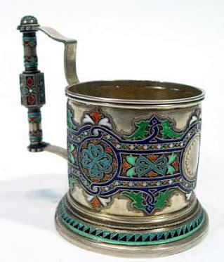 Russian silver tea glass holder with enamelled decoration and hallmarks